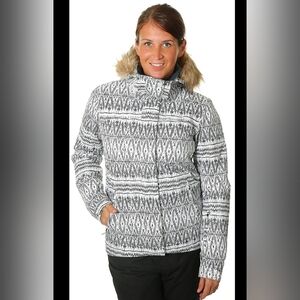 Roxy White Abstract Pattern Winter Jacket With Faux Fur Trim